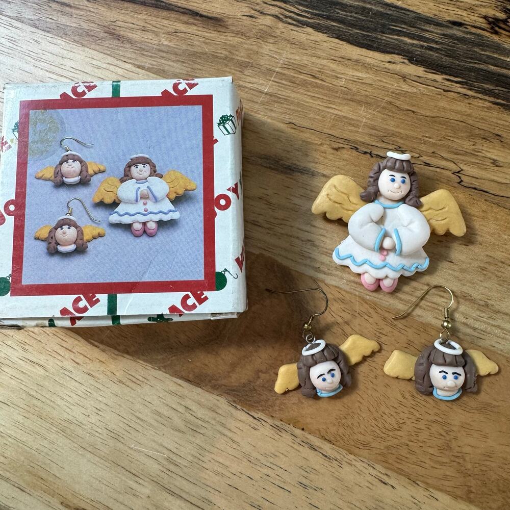 Vintage 1996 House of Lloyd Angelic Jewelry Set, Clay Angel Brooch & Earrings